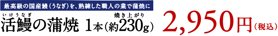 三河産 活鰻（いけうなぎ）の蒲焼　1本（焼き上がり約230g）　2,950円（税込）